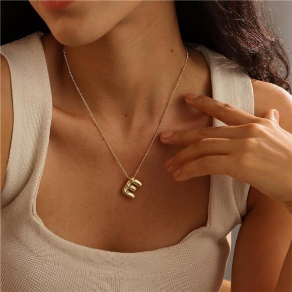 Bubble Letter Initial Necklace 14K Gold Plated Balloon Pendant, Adjustable Chain - Picture 4 of 4